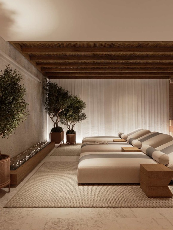 Villa Suzanne — salon intérieur aux tonalités minérales
